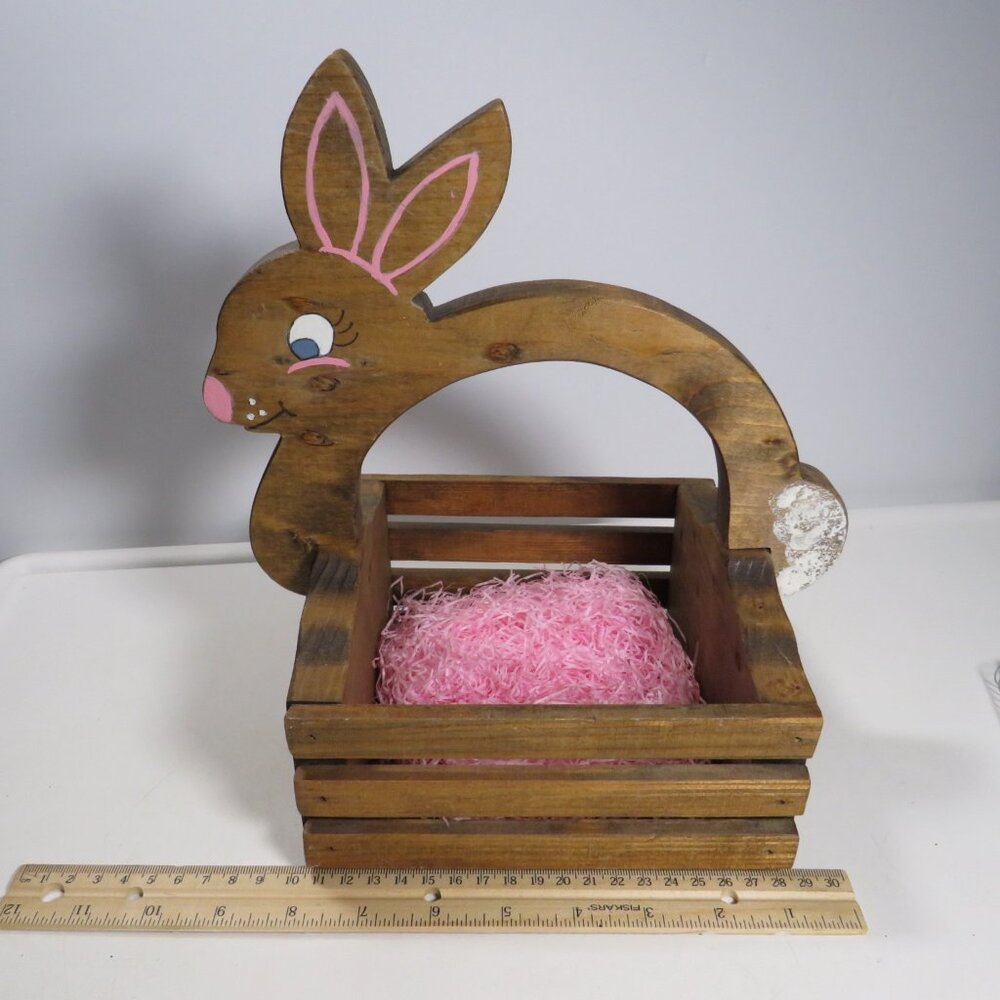 Dark Real Wood Rabbit Bunny Basket vintage hand painted brown natural